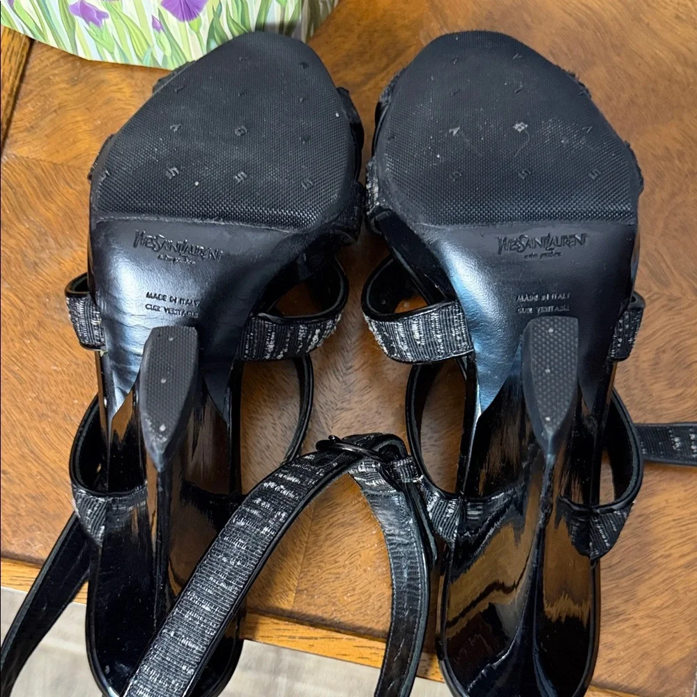 Saint Laurent Monochrome Buckle Ankle Wrap Wedge Heeled Sandals Size 37.5(7.5)